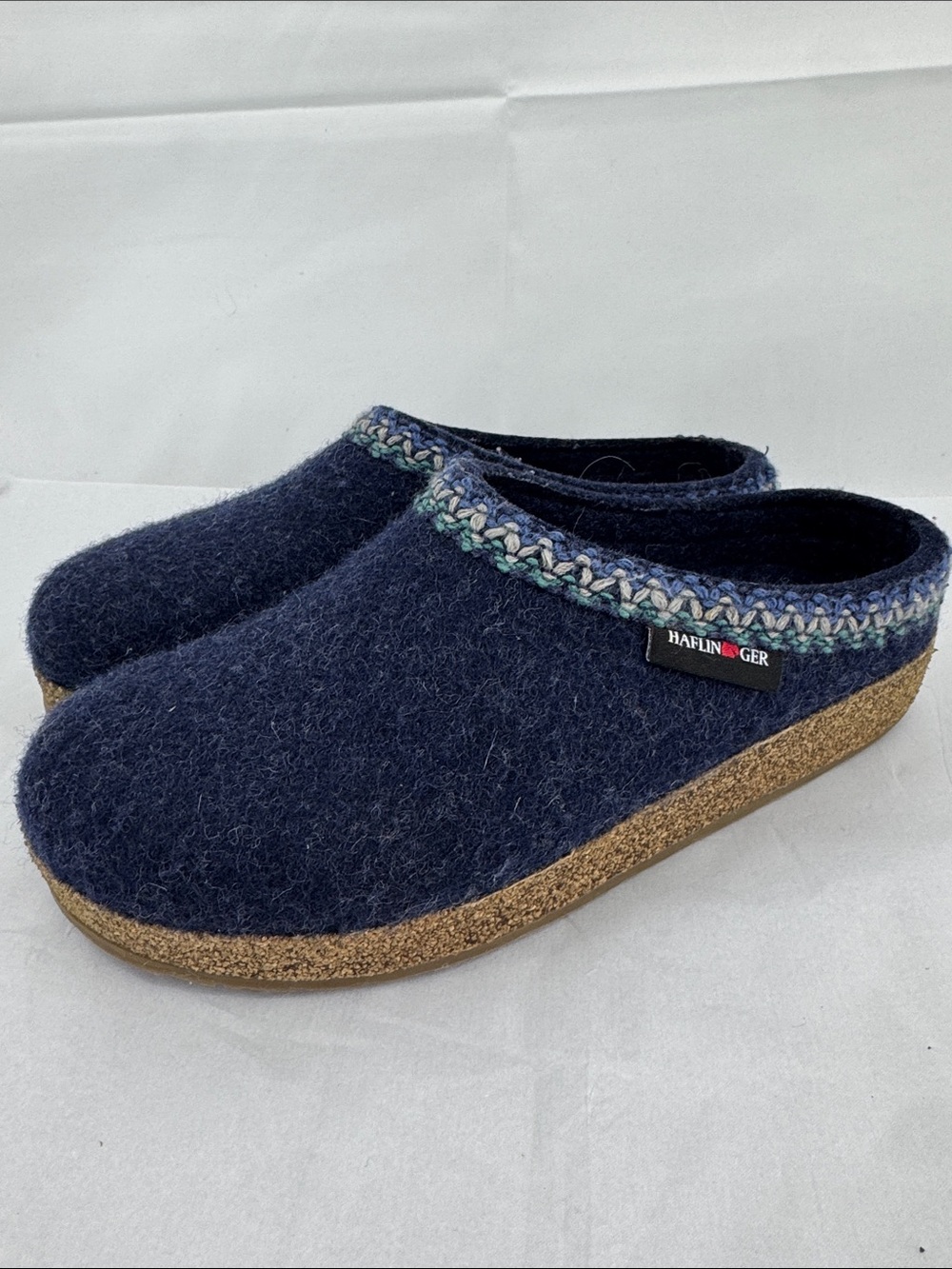 Haflinger Womens Zig Zag Navy Wool Cork Slip-On Clogs Mules, EU 39